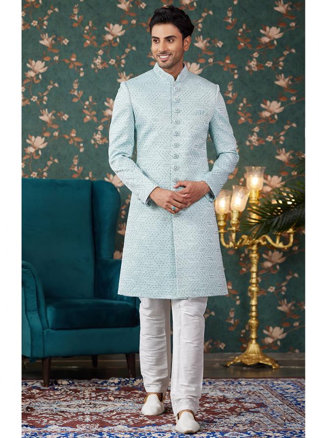 Art Silk Pista Green Groom Wear Thread Work Readymade Sherwani